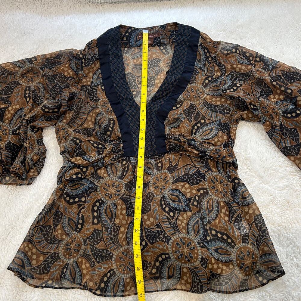 VTG Bandolino Womens Y2K Sz 14 Peasant Top Brown Blue Paisley Floral V NeckSheer - Picture 4 of 6